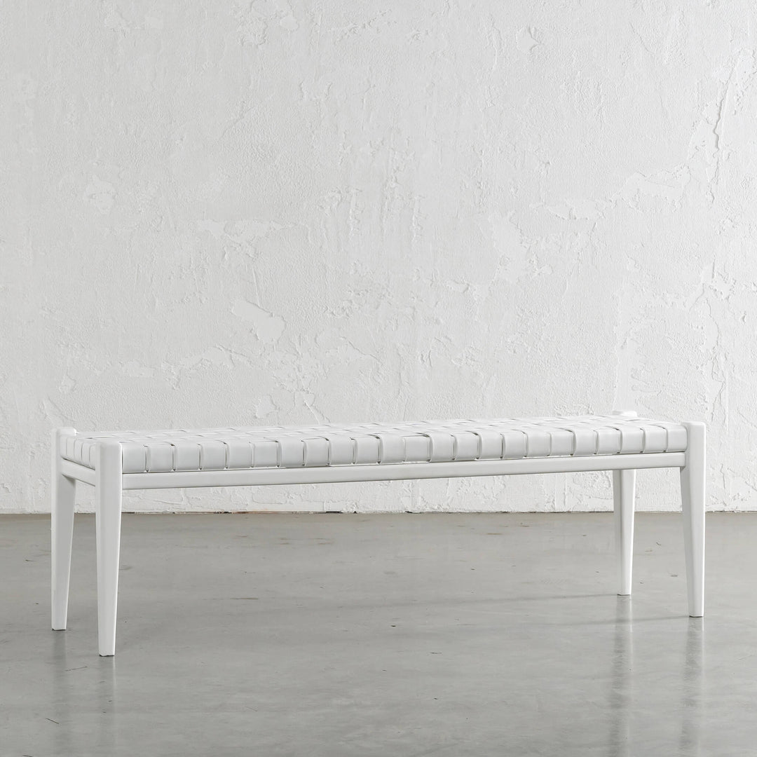 MALAND WOVEN LEATHER BENCH  |  WHITE ON WHITE LEATHER HIDE