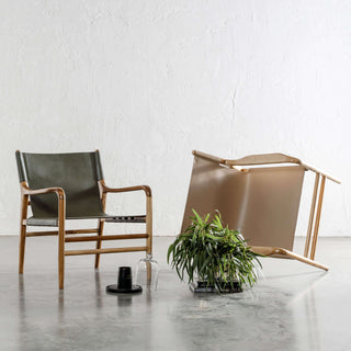 MALAND CONTEMPO SLING ARM CHAIR  |  LIGHT TAUPE LEATHER + OLIVE GREEN