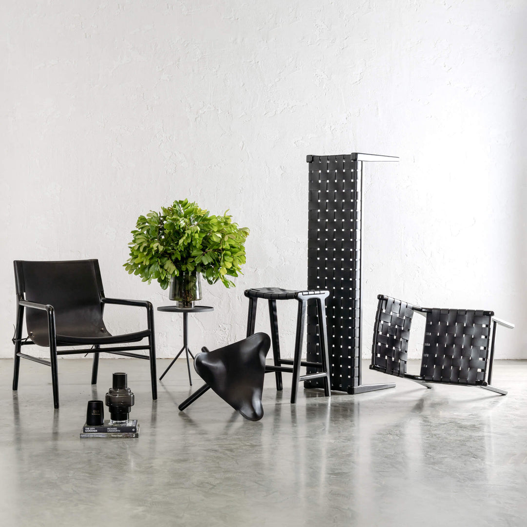 MALAND WOVEN LEATHER DINING CHAIR  |  BLACK ON BLACK FRAME
