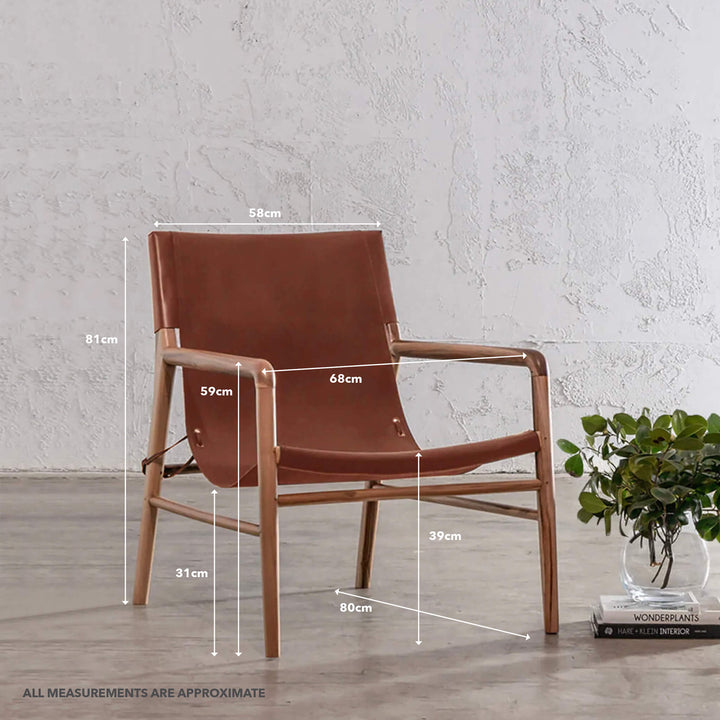 MALAND SLING LEATHER ARM CHAIR | TAN LEATHER | MEASUREMENTS