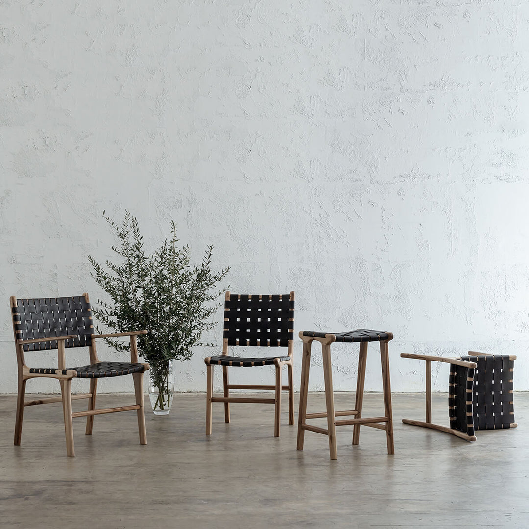 PRE ORDER  |  MALAND WOVEN LEATHER DINING CHAIR  |  BLACK LEATHER HIDE
