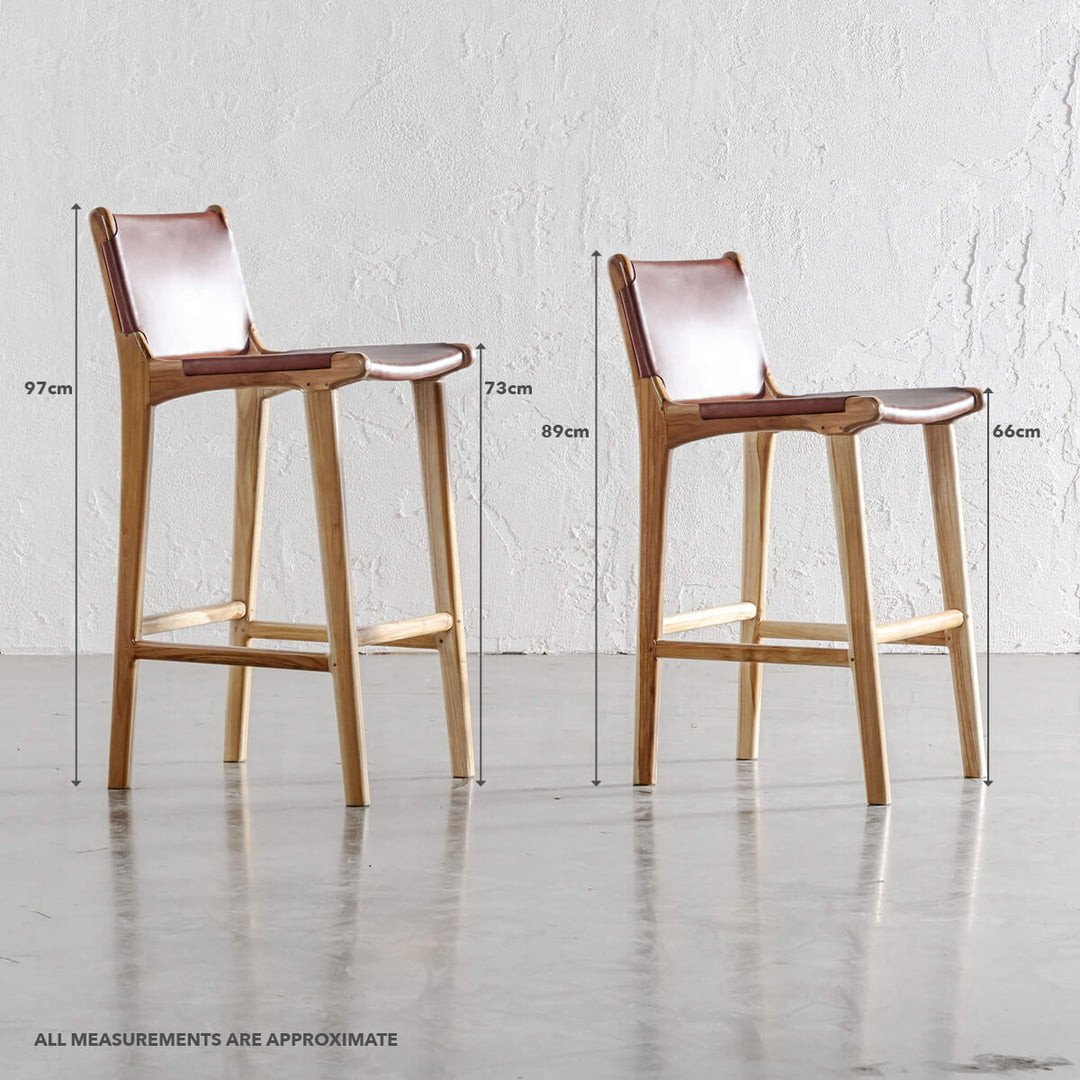 PRE ORDER  |  MALAND SOLID LEATHER BAR CHAIRS  |  HIGH + LOW  |  TAN LEATHER HIDE
