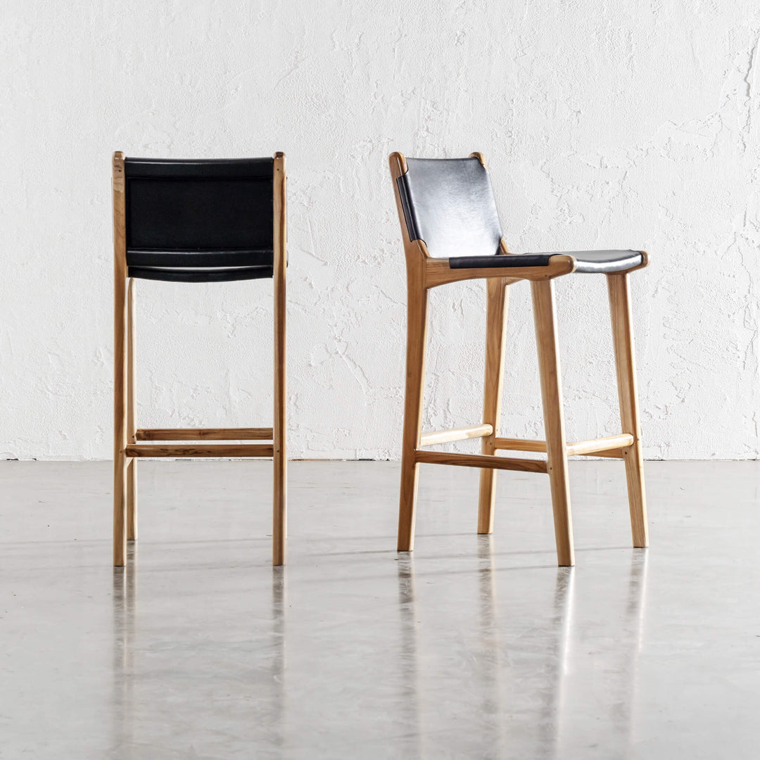 MALAND LEATHER BAR CHAIRS  |  BLACK LEATHER HIDE ANGLE VIEW