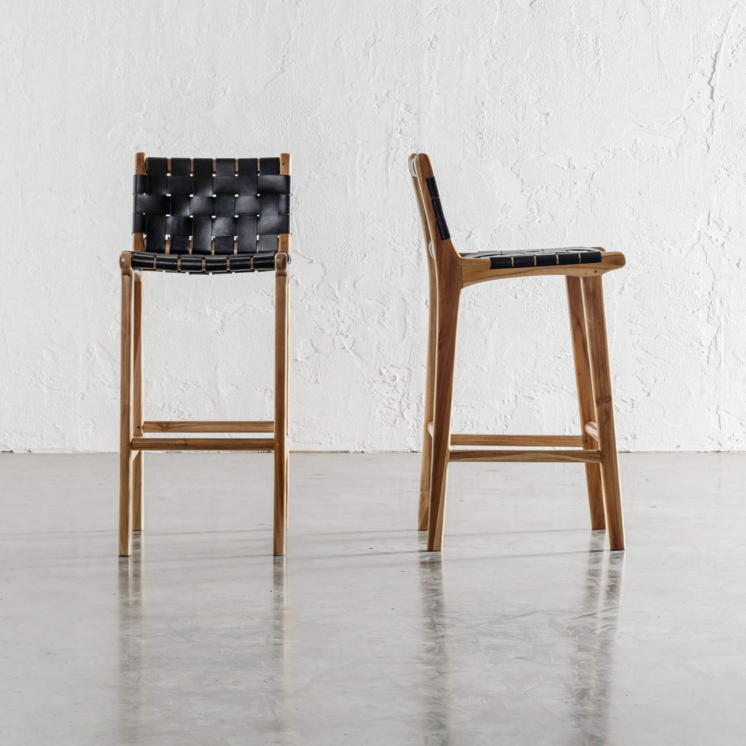 MALAND WOVEN LEATHER BAR CHAIRS  |  HIGH + LO  |  BLACK LEATHER