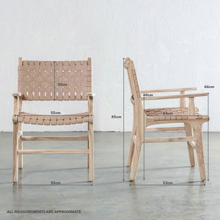 MALAND CONTEMPO WOVEN LEATHER CARVER CHAIR | TOASTED ALMOND LEATHER HIDE  |  MEASUREMENTS