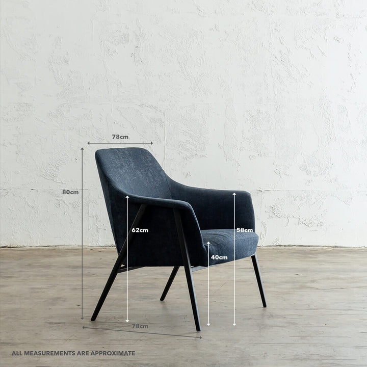 MARCUS ARM CHAIR  |  BALTIC BLUE WITH MEASUREMENTS