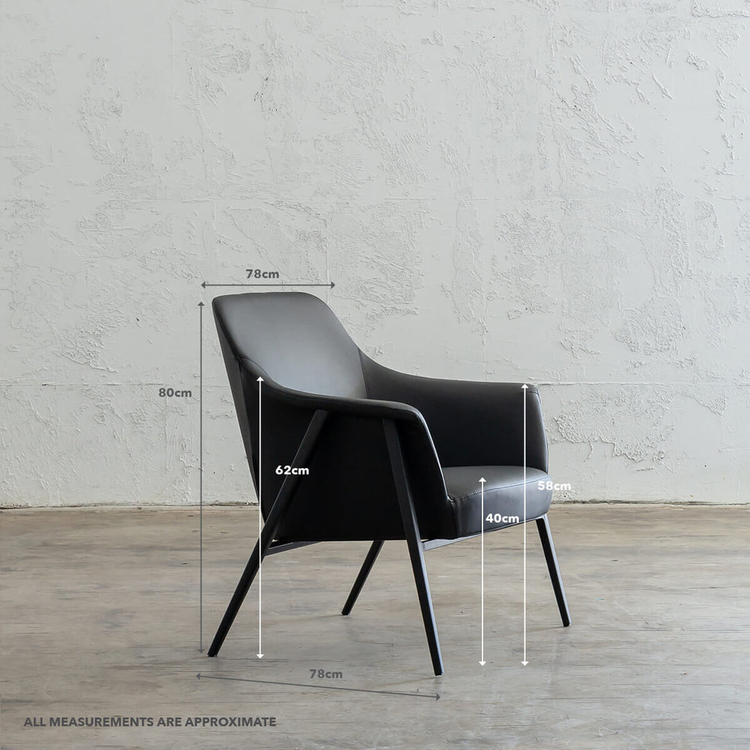 MARCUS ARM CHAIR   |  NOIR BLACK VEGAN LEATHER WITH MEASUREMENTS