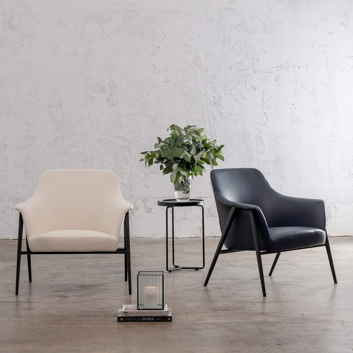 MARCUS ARM CHAIR   |  LIQUORICE BLUE  + VEIL WHITE VEGAN LEATHER