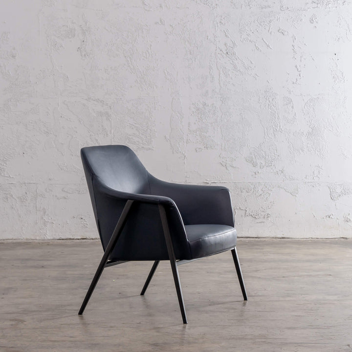 MARCUS ARM CHAIR   |  LIQUORICE BLUE VEGAN LEATHER ANGLE VIEW