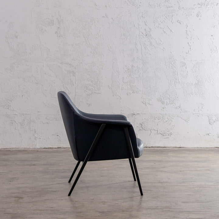 MARCUS ARM CHAIR   |  LIQUORICE BLUE VEGAN LEATHER SIDE VIEW