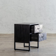 MAXIM PARQUETRY HERRINGBONE BEDSIDE TABLE  | 2 DRAWERS  BLACK OPEN DRAWERS