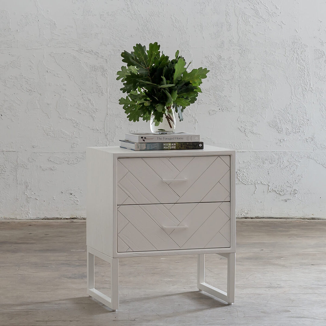 PRE ORDER  |  MAXIM PARQUETRY HERRINGBONE BEDSIDE TABLE  | 2 DRAWERS | WHITE