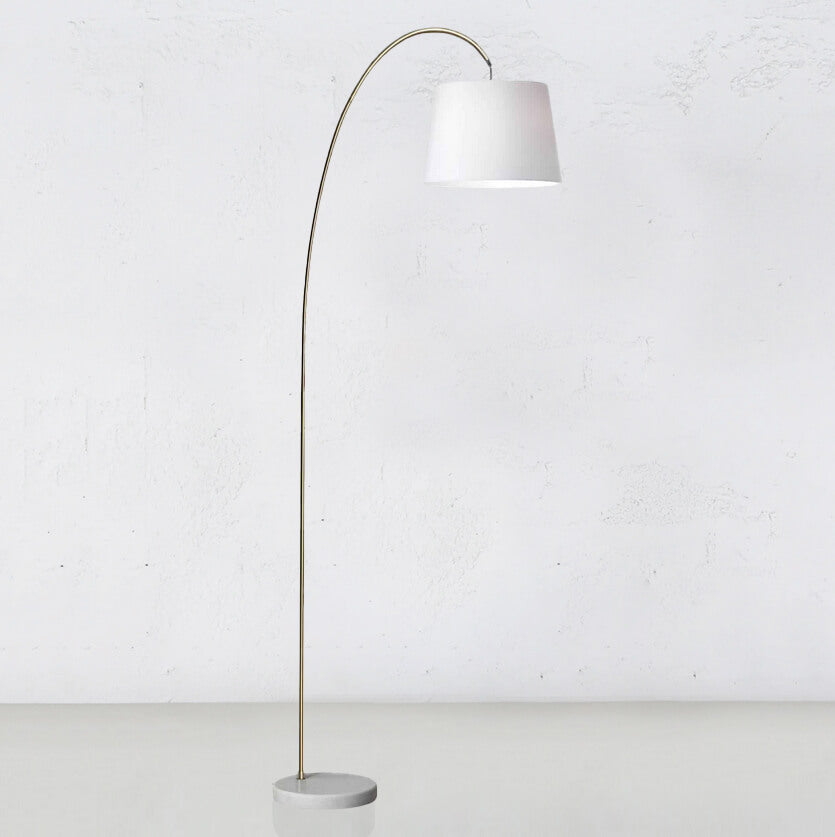 EMILLE FLOOR LAMP BRASS + WHITE MARBLE | WHITE LINEN SHADE