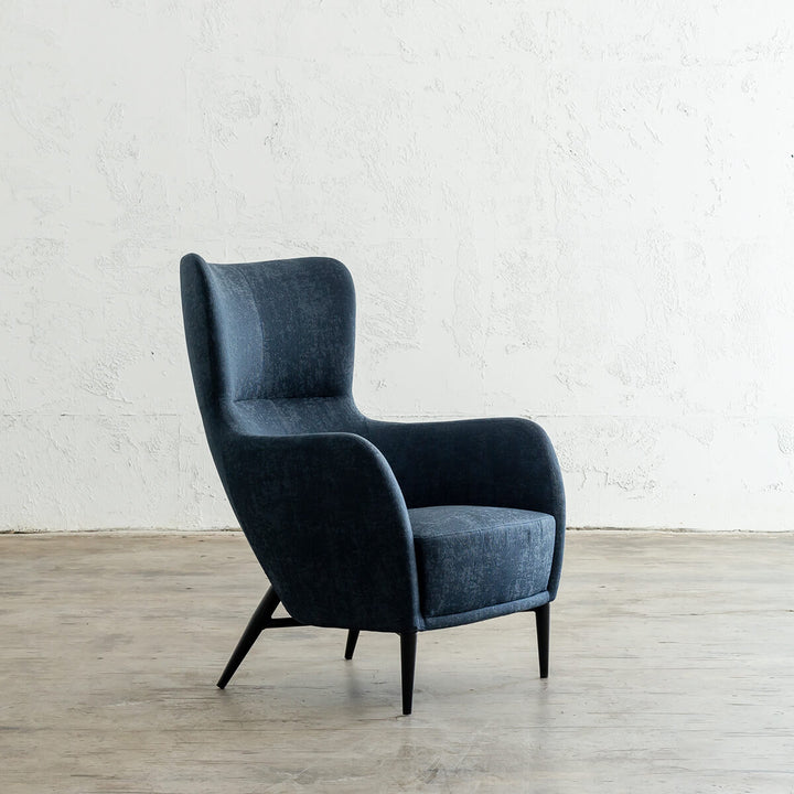 NEIMAN ARM CHAIR  |  BALTIC BLUE  |  MODERN OCCASIONAL CHAIR  | LOUNGE CHAIR ANGLED VIEW