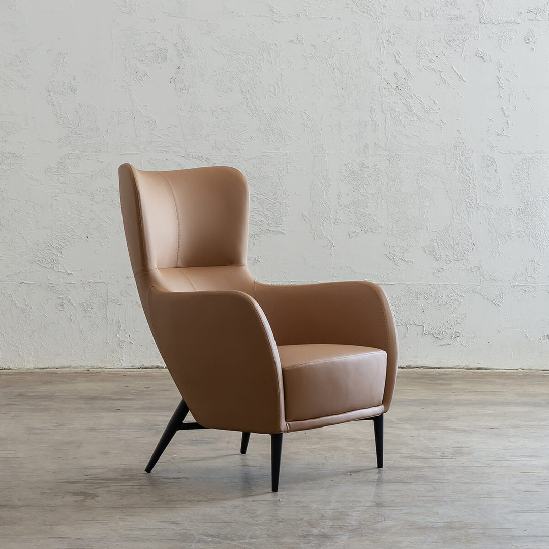 NEIMAN ARM CHAIR  |  SADDLE TAN VEGAN LEATHER  |  MODERN OCCASIONAL CHAIR  | LOUNGE CHAIR ANGLE VIEW