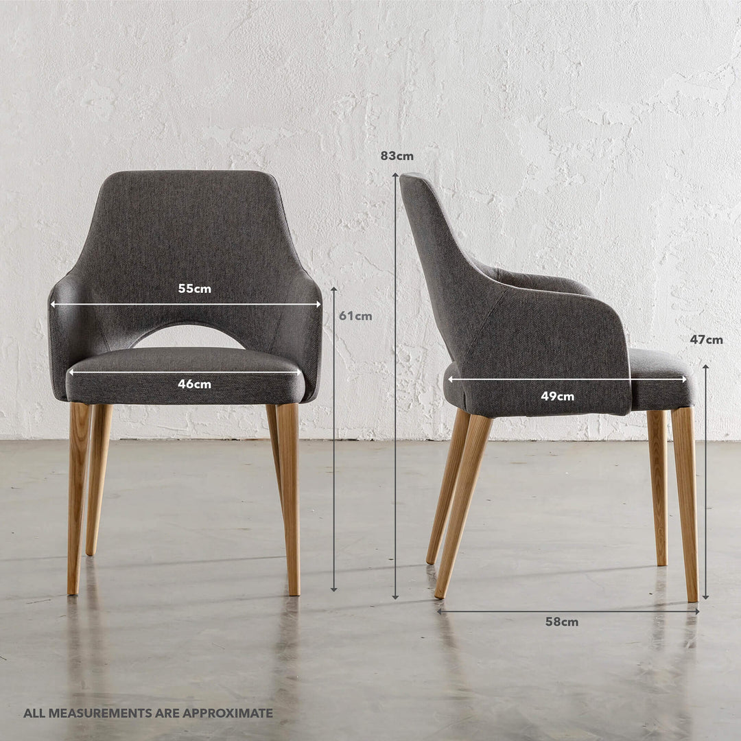 OCTOVA CLASSIC DINING CHAIR | DARK GREY TWILL + TEAK  |  MEASUREMENTS