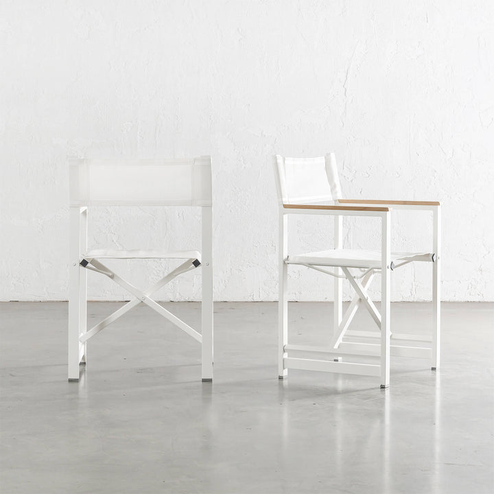 ORSON ALUMINIUM DIRECTORS CHAIR  |  WHITE ON WHITE  |  TEAK ARMS