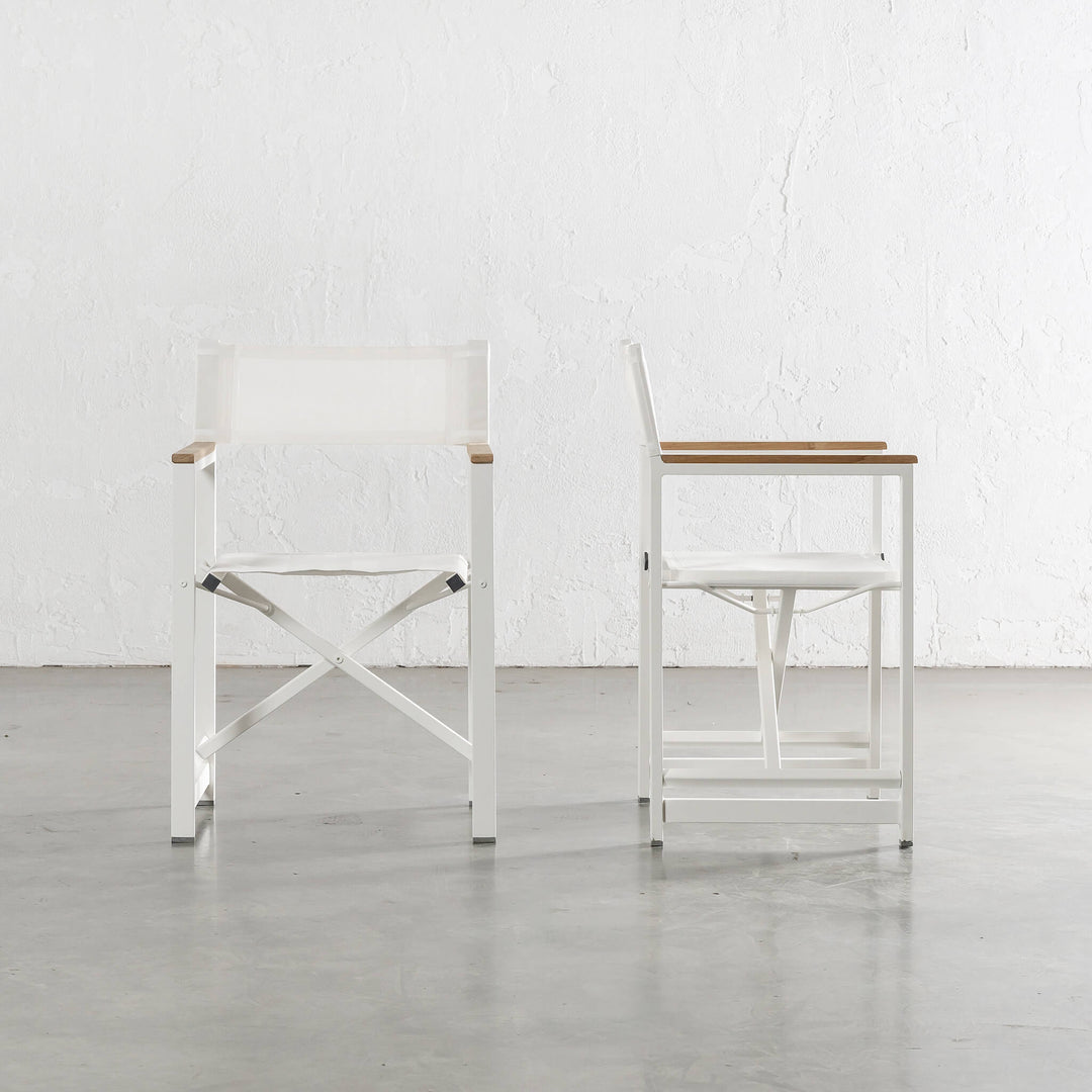 ORSON ALUMINIUM DIRECTORS CHAIR  |  WHITE ON WHITE  |  TEAK ARMS