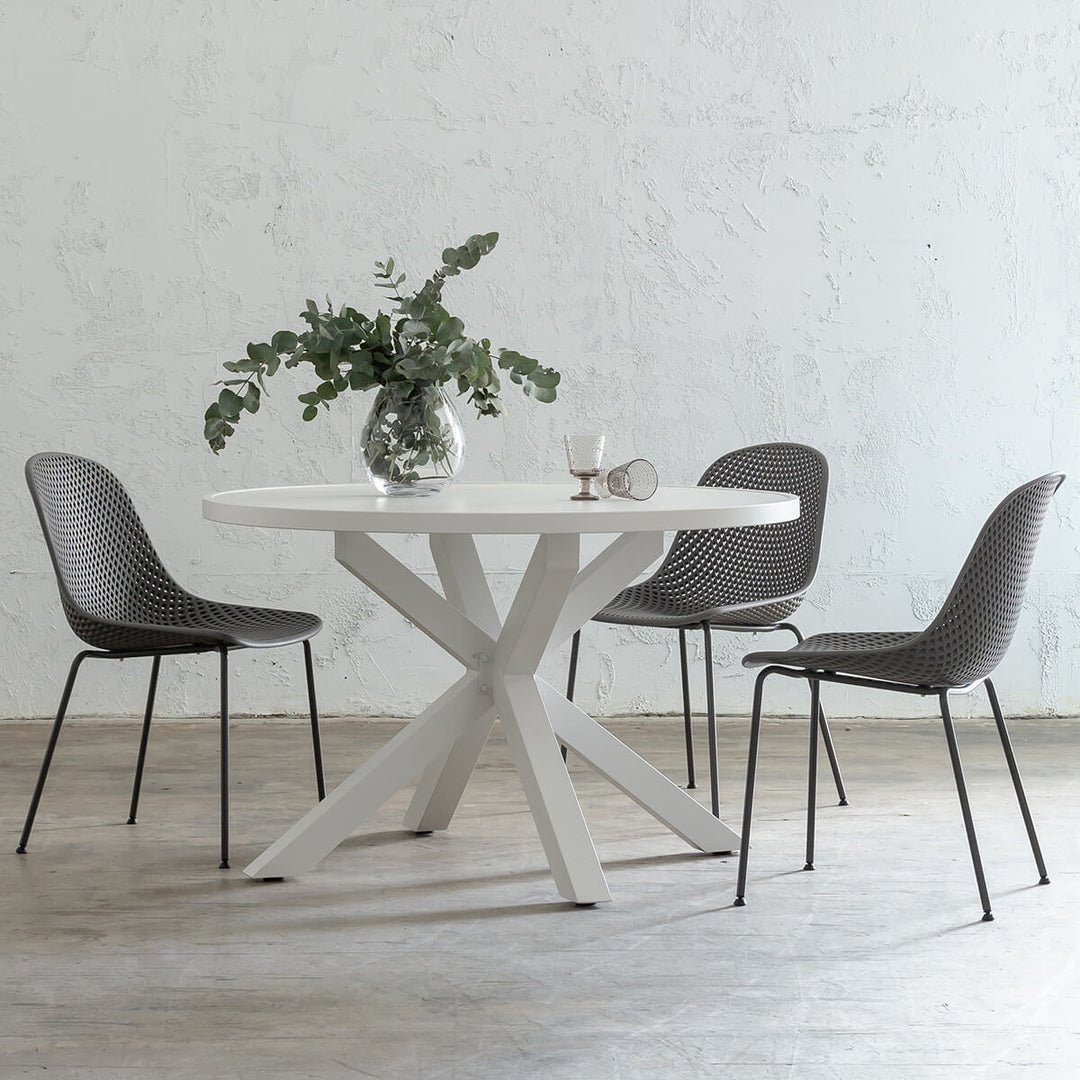 PRE ORDER  |  PALOMA OUTDOOR SLATTED DINING TABLE   |  WHITE ALUMINIUM  |  ROUND 120CM