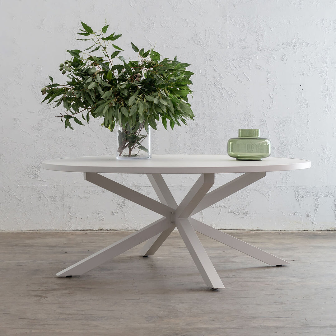 PRE ORDER  |  PALOMA OUTDOOR SLATTED DINING TABLE   |  WHITE ALUMINIUM  |  ROUND 180CM