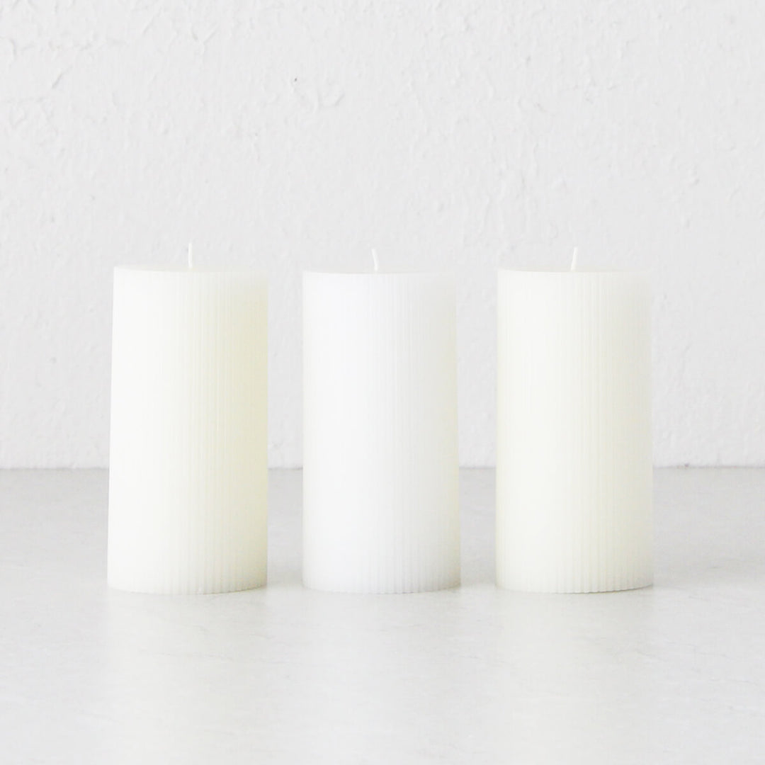 RIPPLE PILLAR CANDLE  |  SET OF 3  |  WARM WHITE  |  LARGE