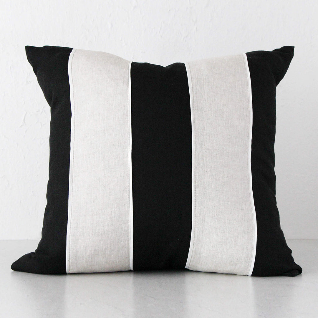 RILEY PATCH CUSHION   |  55 x 55  |  BLACK + LINEN STRIPE