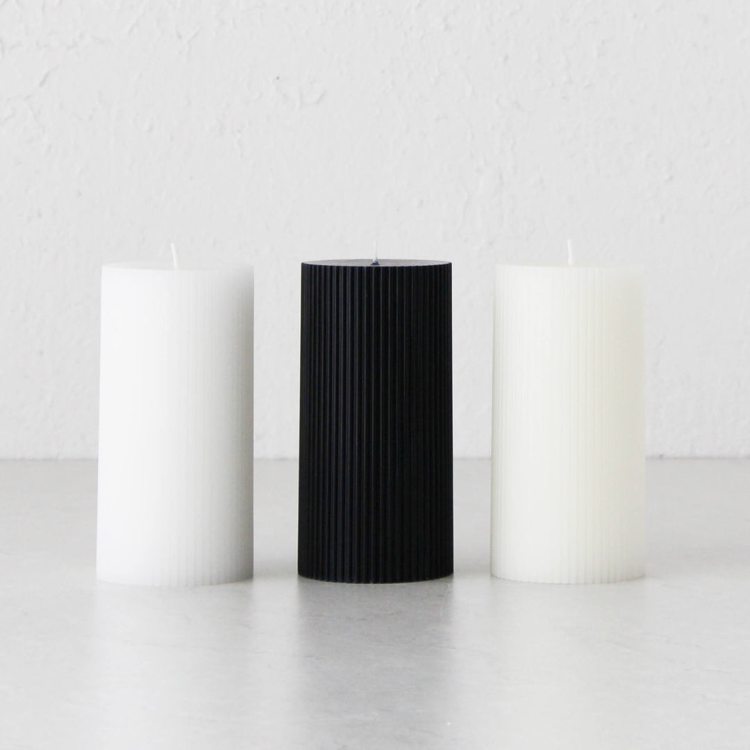 RIPPLE PILLAR CANDLE  |  MIXED SET OF 3  |  BLACK + WHITE  |  LARGE