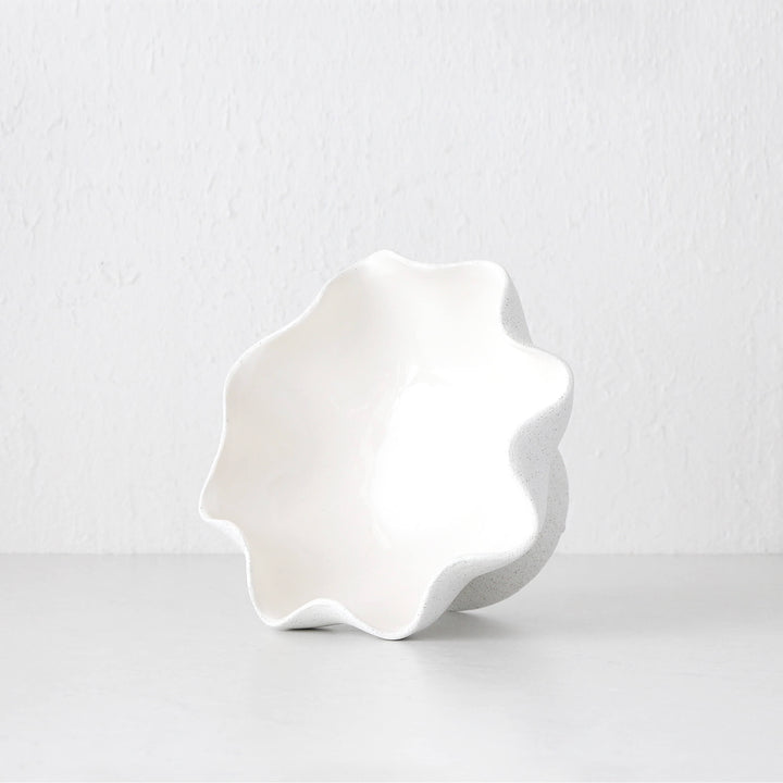 RIPPLE WHITE PEDESTAL BOWL |  30CM  |  CERAMIC TIPPED ON SIDE