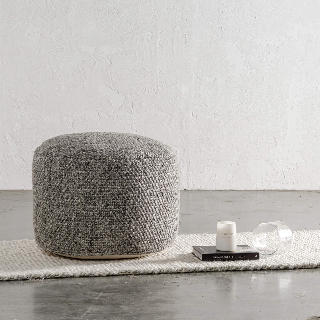 HAND TUFTED ROUND OTTOMAN  |  ROMANA FLINTSMOKE GREY