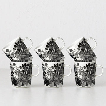 MARIMEKKO  |  SIIRTOLAPUUTARHA COFFEE MUG 2.5DL | BLACK + WHITE + TURQUOISE  |  SET OF 6
