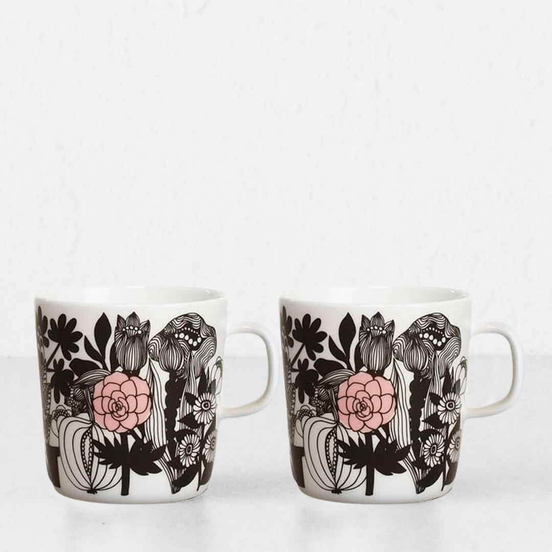 MARIMEKKO  |  SIIRTOLAPUUTARHA COFFEE MUG 4DL  |  BLACK + WHITE + PINK | SET OF 2