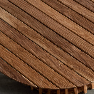 SORENSEN TEAK SLATTED ROUND COFFEE TABLE CLOSE UP  