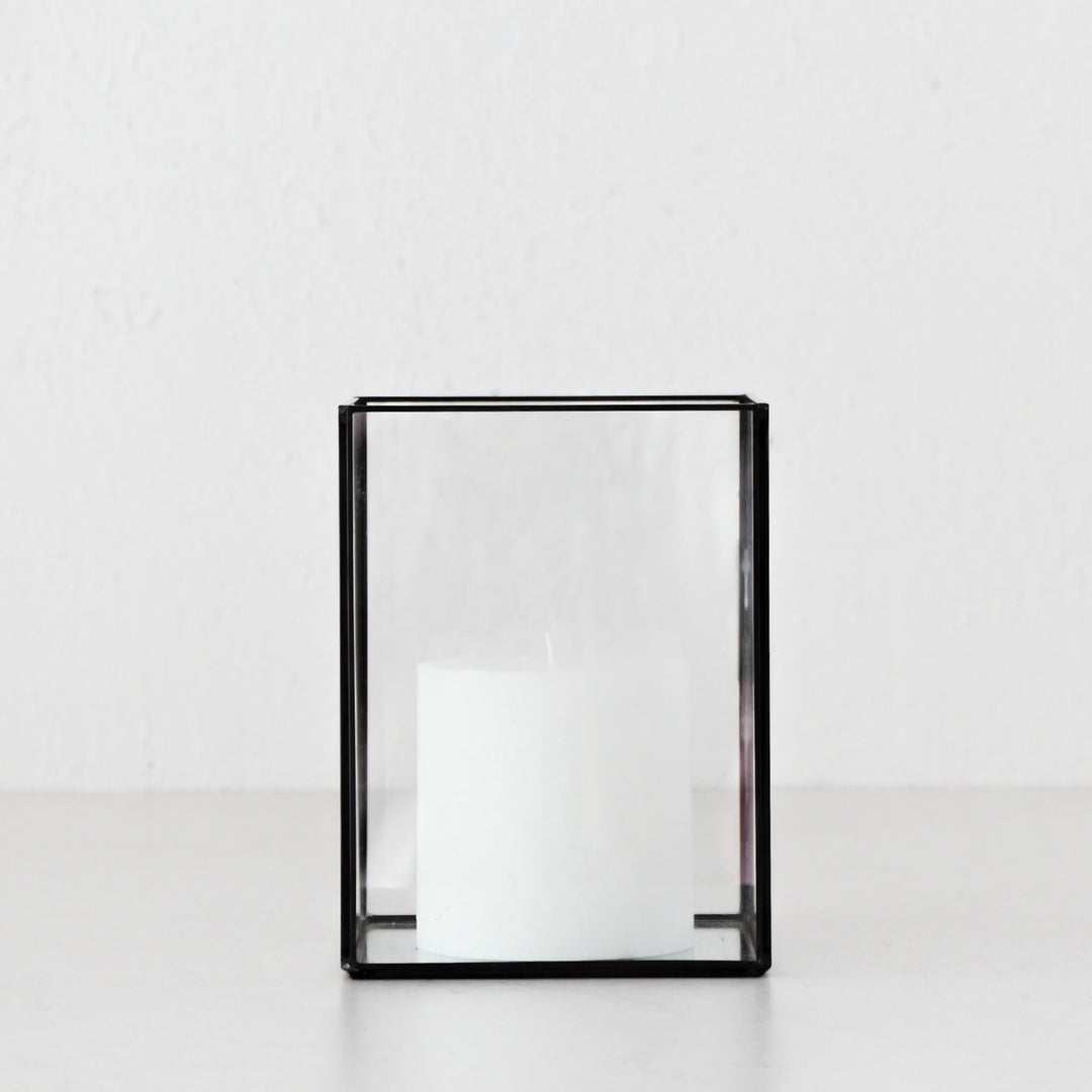 LIVING BY DESIGN SQUARE GLASS HURRICANE LANTERNS BUNDLE X2  |  LARGE  |  CLEAR + MIRROR BASE
