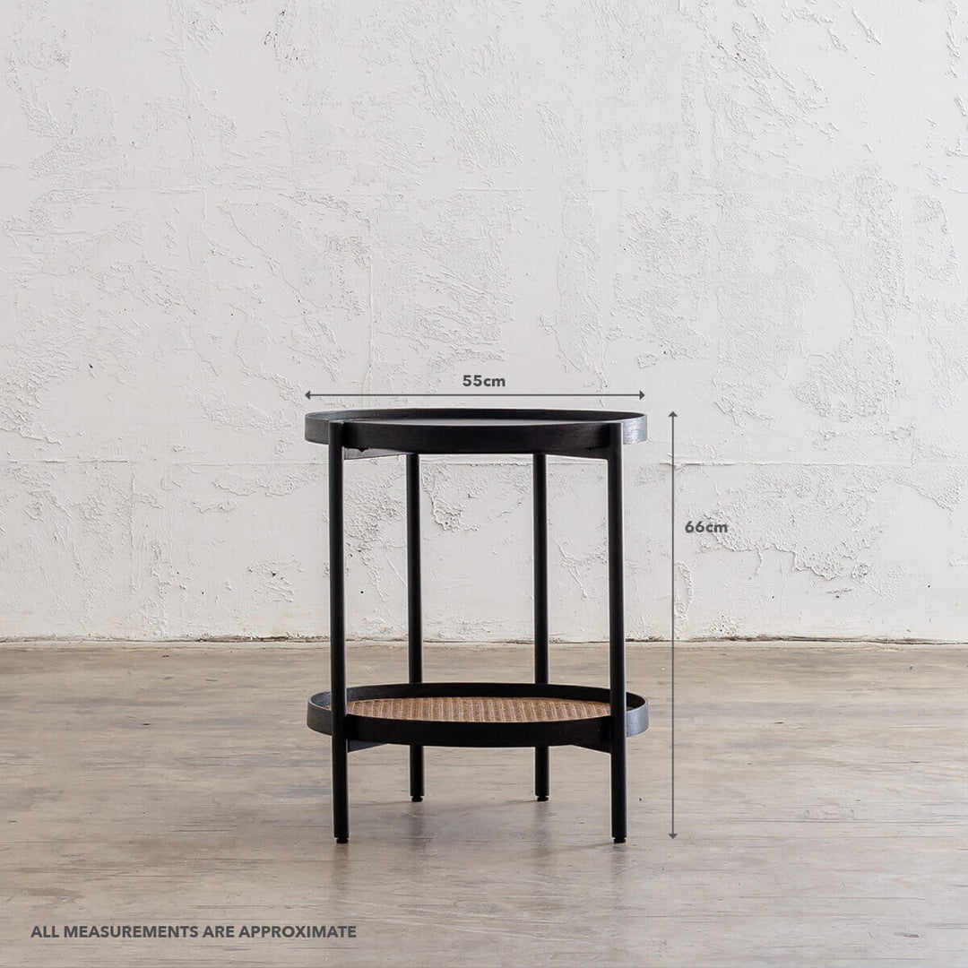 SAUVAGE AMBA TIMBER TERRACE SIDE TABLE  |  BLACK + NATURAL RATTAN