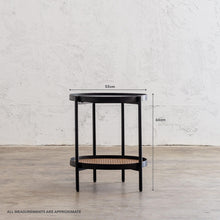 SAUVAGE AMBA TIMBER TERRACE SIDE TABLE  |  BLACK + NATURAL RATTAN | MEASUREMENTS