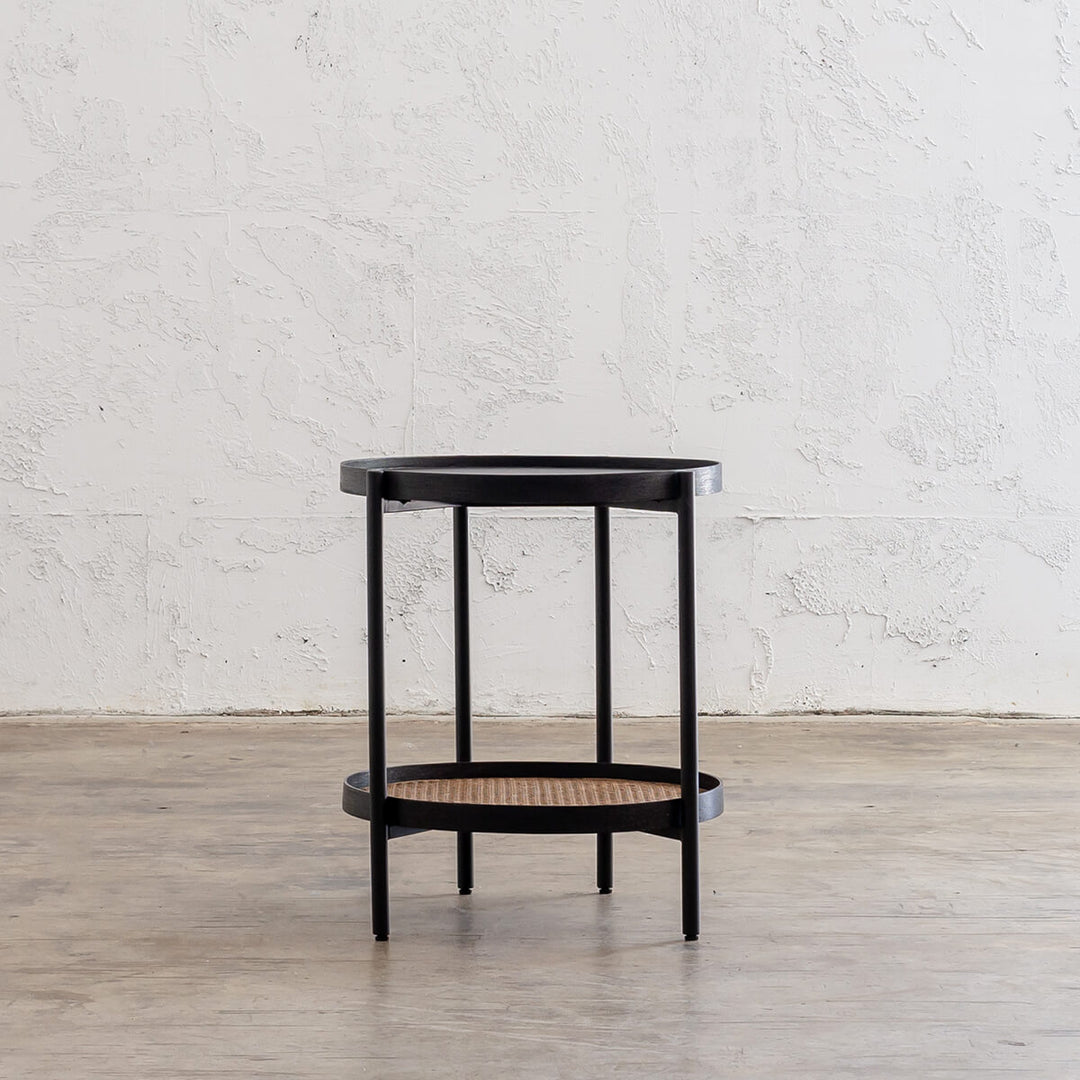 SAUVAGE AMBA TIMBER TERRACE SIDE TABLE  |  BLACK + NATURAL RATTAN