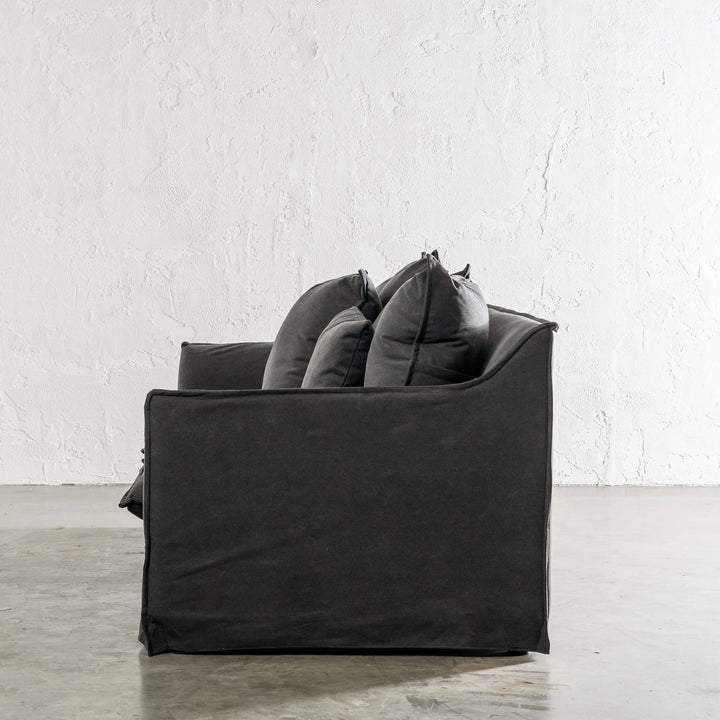 SEVILLA 3 SEATER SLIP COVER SOFA   |  CARBON ASH MARLE CANVAS SIDE VIEW