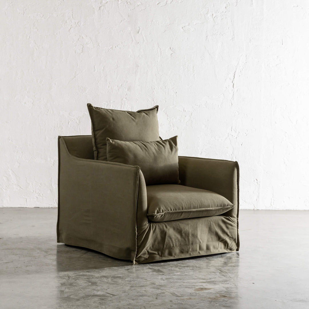 SEVILLA SLIP COVER ARM CHAIR   |  BRACKEN GREEN CANVAS ANGLE VIEW