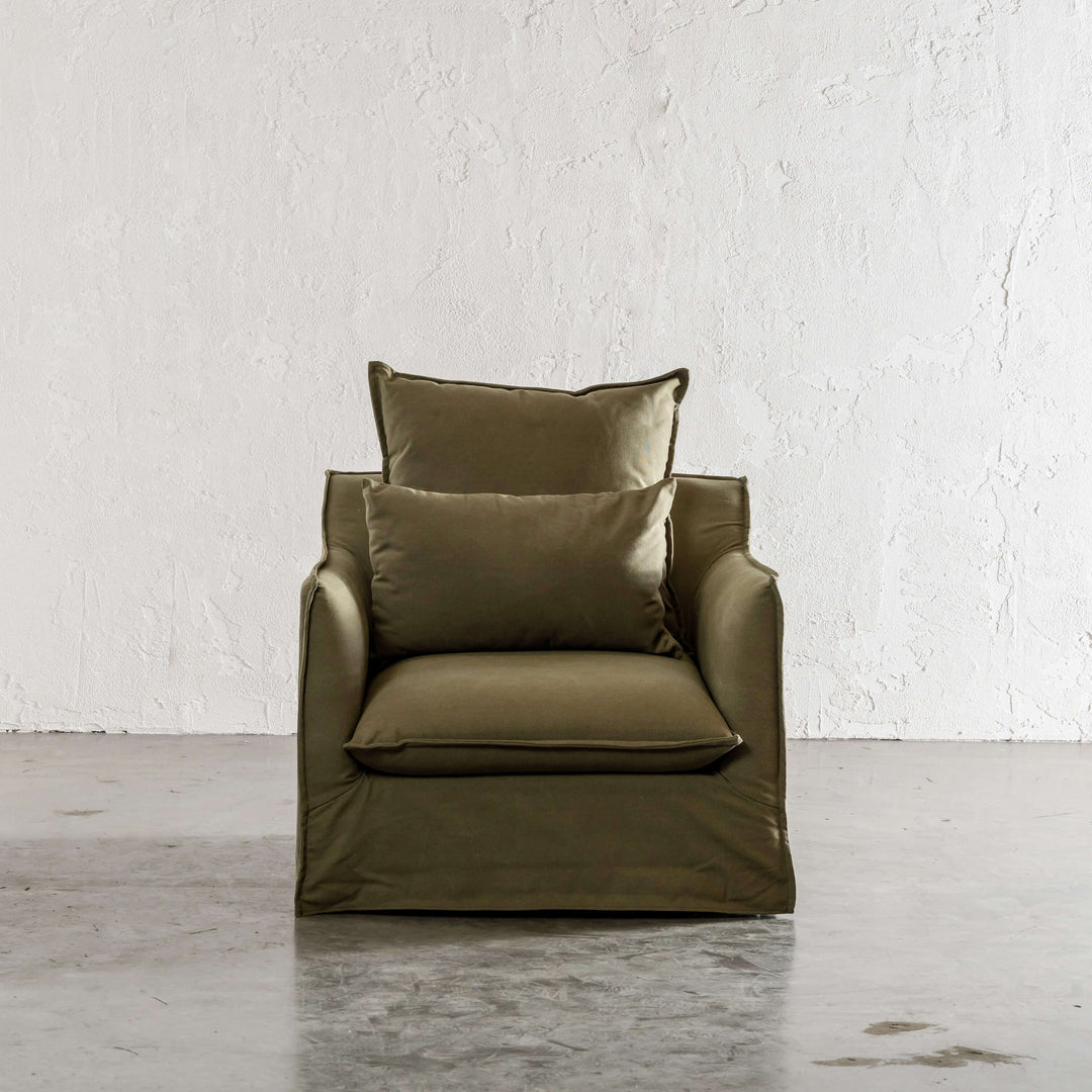 SEVILLA SLIP COVER ARM CHAIR   |  BRACKEN GREEN CANVAS MINIMAL