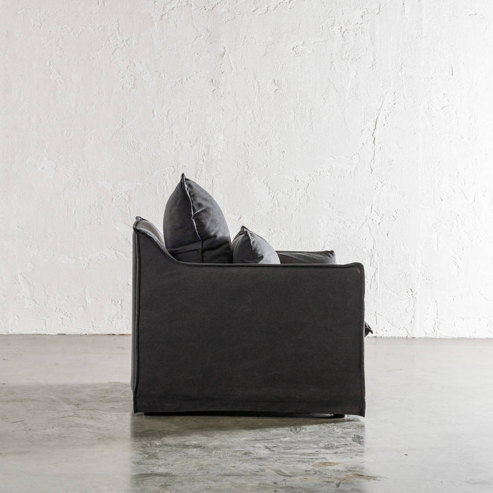 SEVILLA SLIP COVER ARM CHAIR   |  CARBON ASH MARLE CANVAS SIDE VIEW