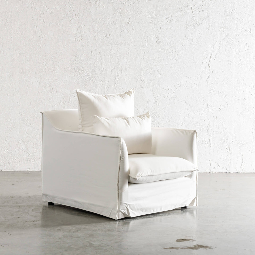 SEVILLA SLIP COVER ARM CHAIR   |  POLAR WHITE CANVAS  ANGLE VIEW