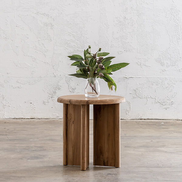 TRION INDOOR ROUNDED TEAK SIDE TABLE