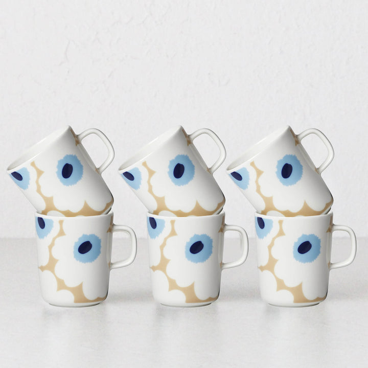 MARIMEKKO  |  UNIKKO COFFEE MUG 2.5DL  |  BEIGE + WHITE + BLUE  |  SET OF 6