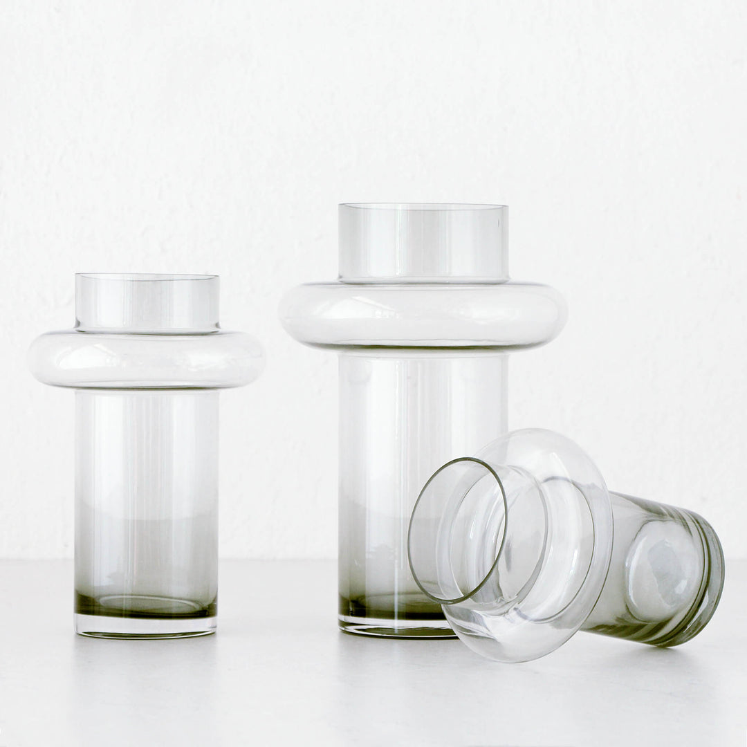 WIDE MOUTH GLASS VASE BUNDLE X2 | SMALL + MEDIUM | GREY | STYLED