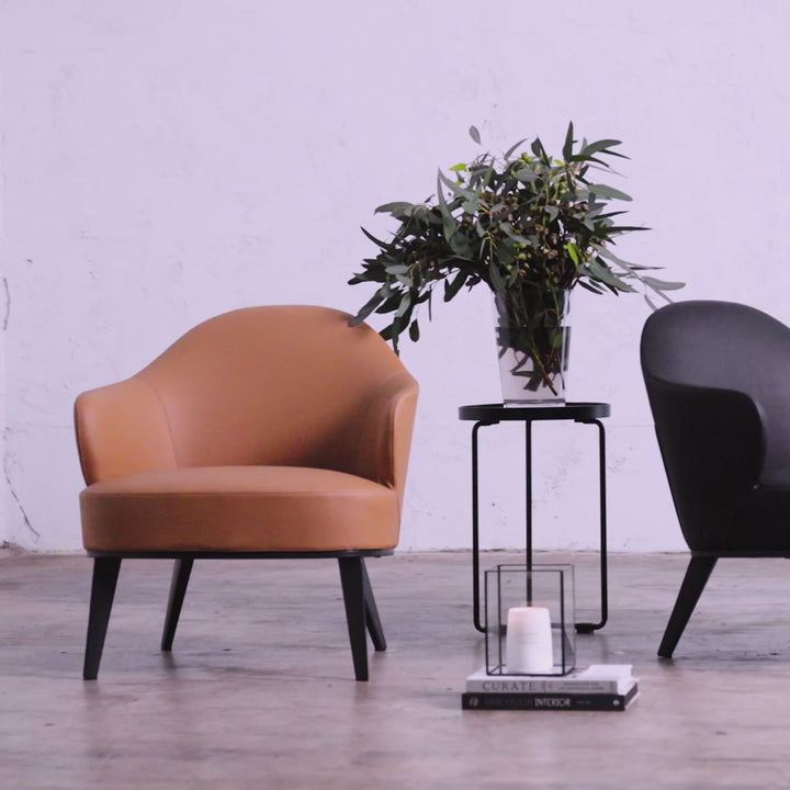 CLYDE ARM CHAIR  |  NOIR BLACK + SADDLE TAN VEGAN LEATHER